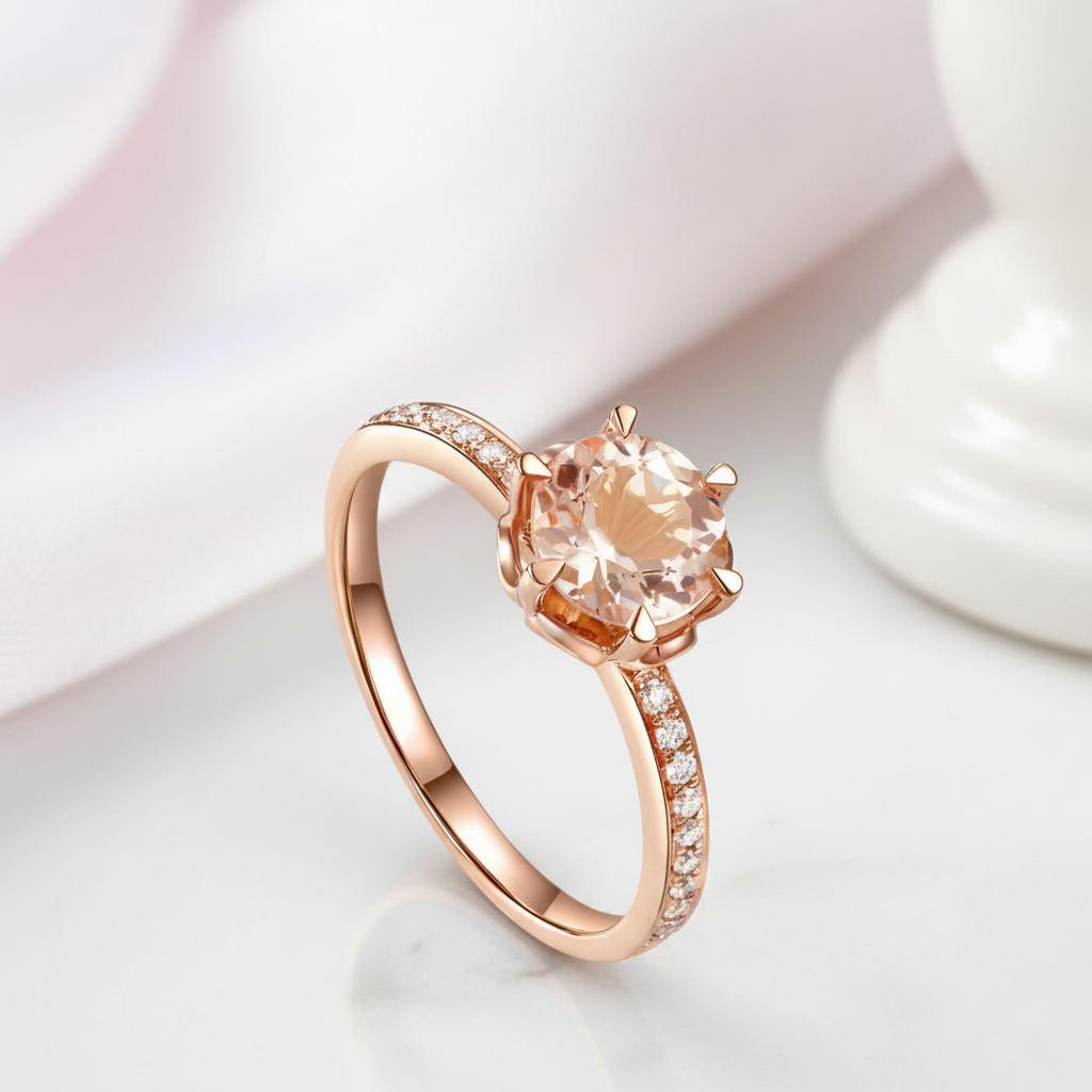 Peach Morganite 14k Rose Gold Ring-Black Diamonds New York