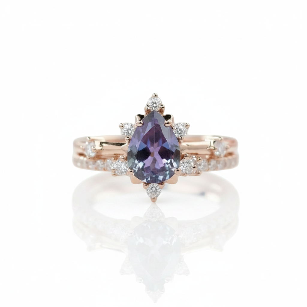 Pear Cut Alexandrite Water Drop Engagement Ring Set-Black Diamonds New York