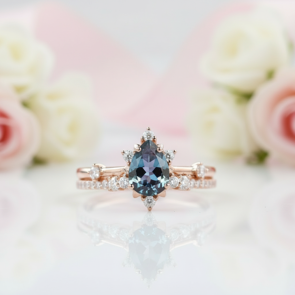 Pear Cut Alexandrite Water Drop Engagement Ring Set-Black Diamonds New York