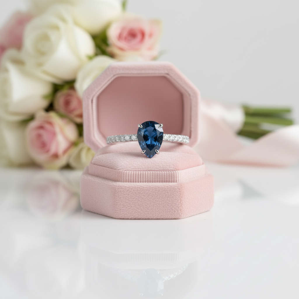 Pear Cut Blue Sapphire Engagement Ring-Black Diamonds New York