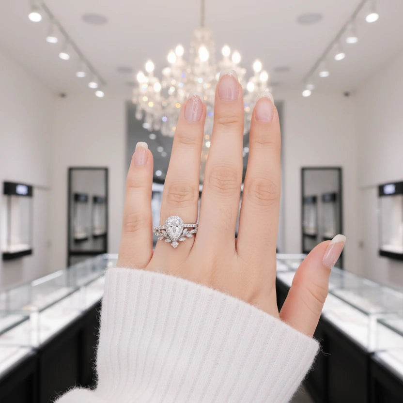 Pear Cut Diamond Leaf Engagement Ring Set-Black Diamonds New York