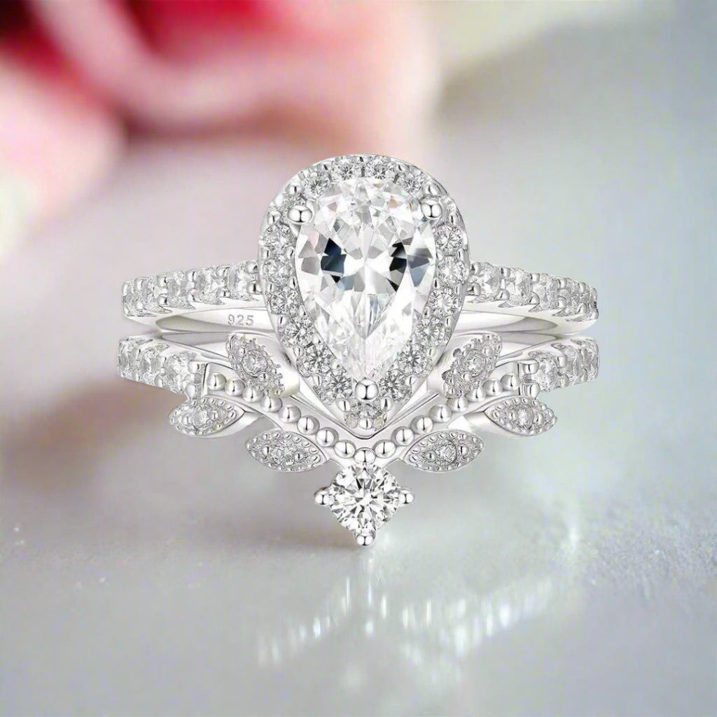 Pear Cut Diamond Leaf Engagement Ring Set-Black Diamonds New York