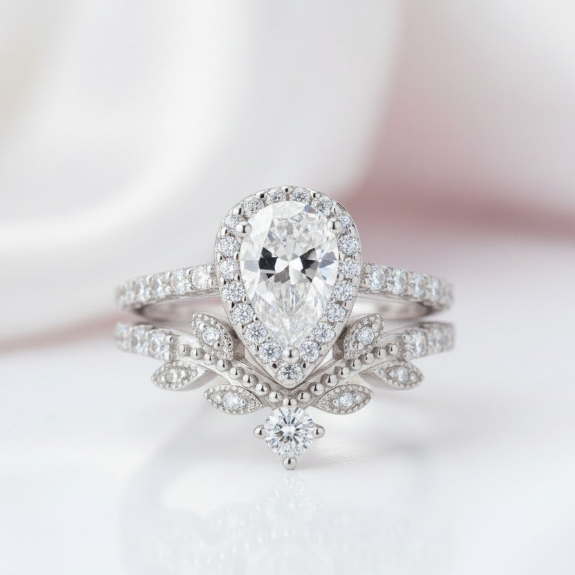 Pear Cut Diamond Leaf Engagement Ring Set-Black Diamonds New York