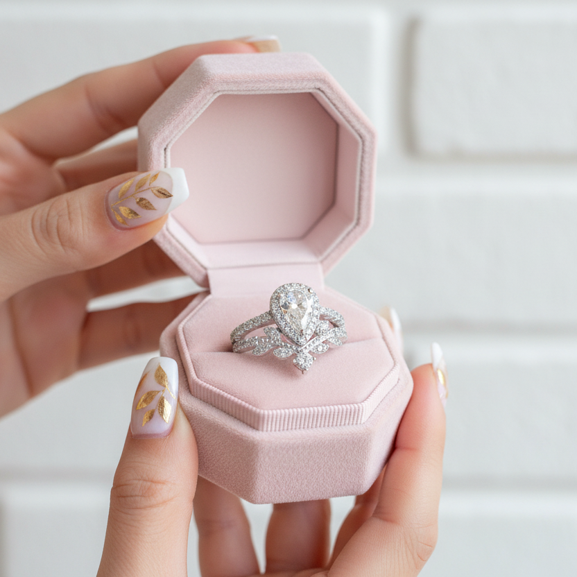 Heart-shaped diamond ring in a pink jewelry box held by a hand with gold nail polish.