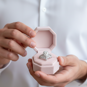 Person holding a pink jewelry box with a ring inside, on a blurred white background