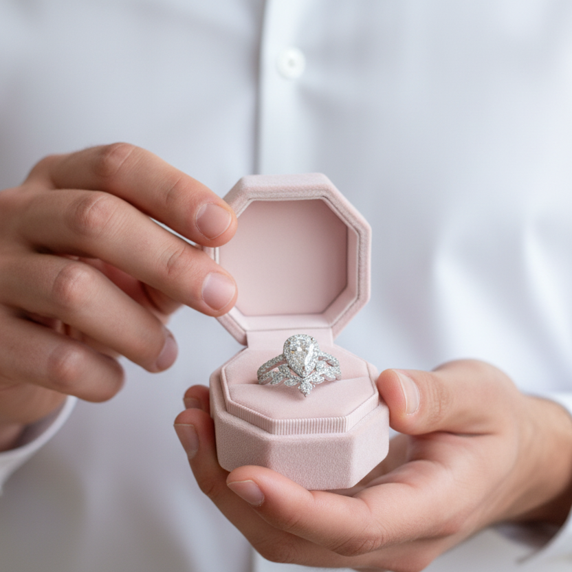Person holding a pink jewelry box with a ring inside, on a blurred white background
