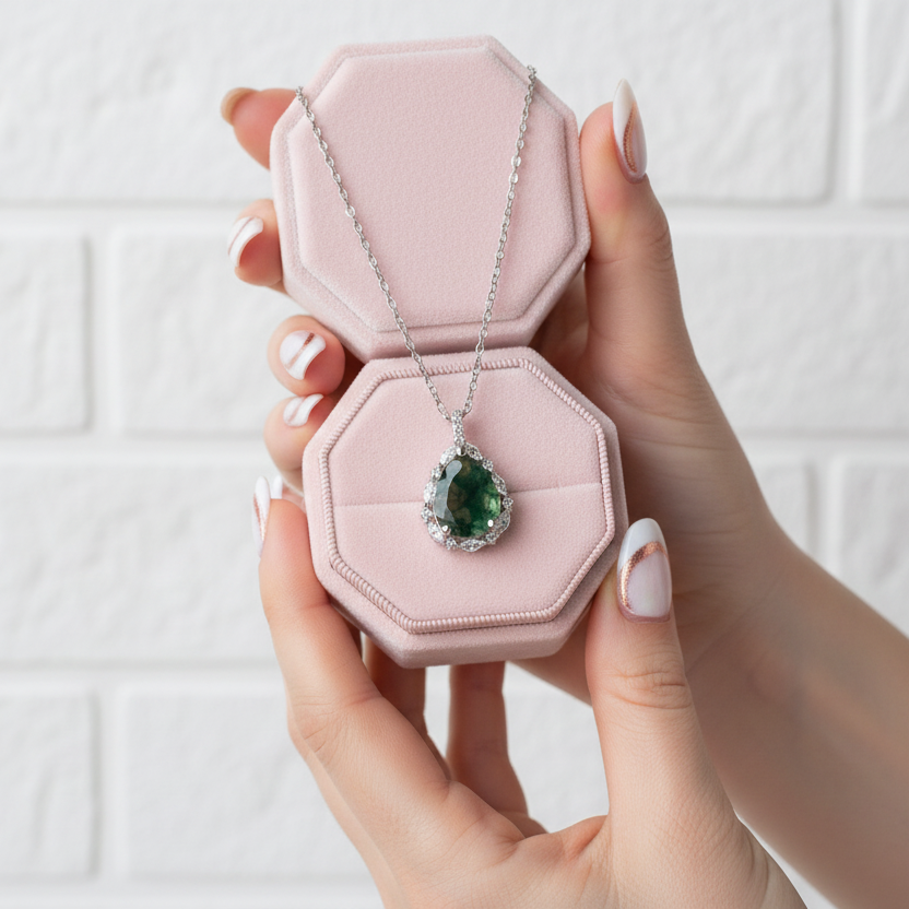 Pear-cut Natural Green Moss Agate Necklace-Black Diamonds New York