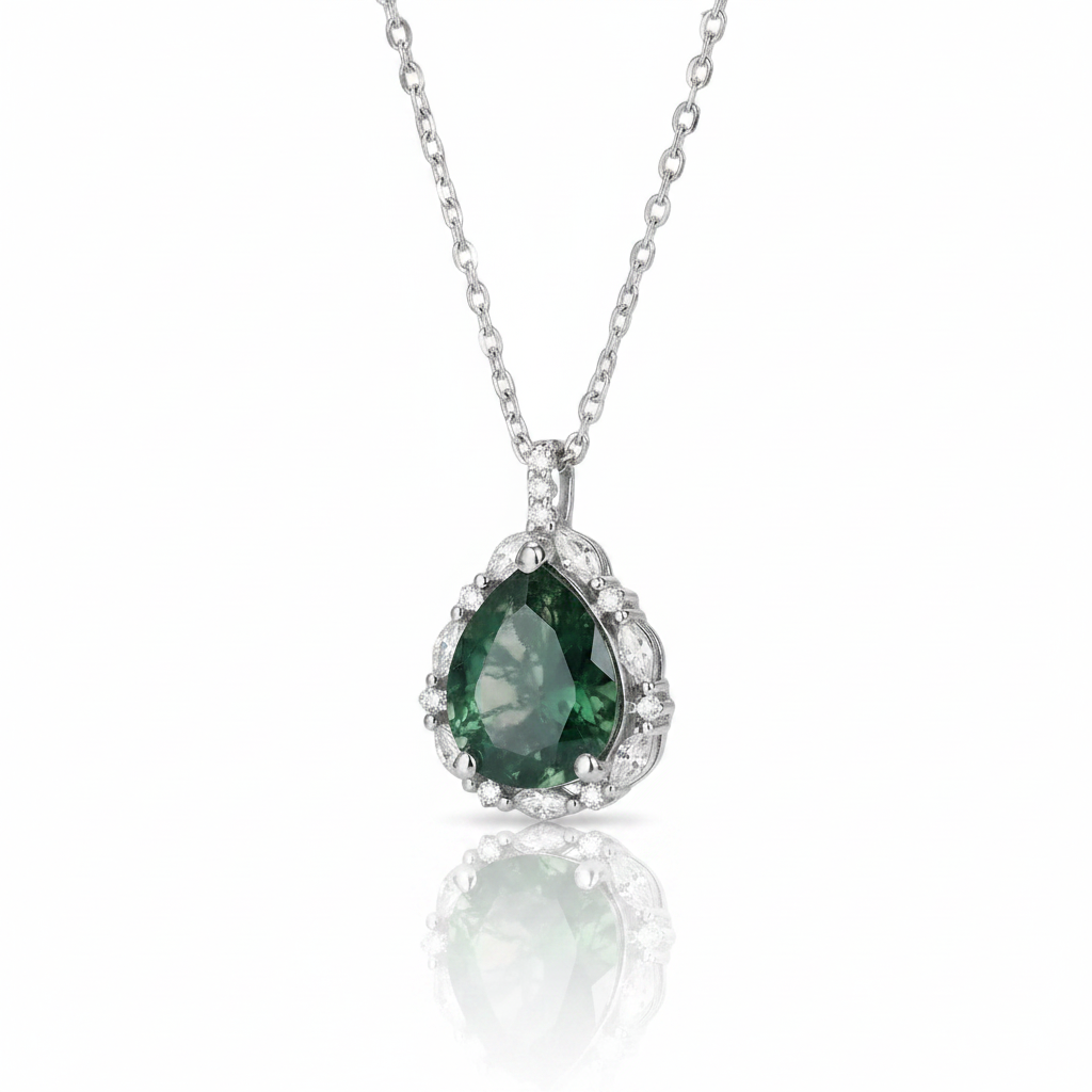 Pear-cut Natural Green Moss Agate Necklace-Black Diamonds New York