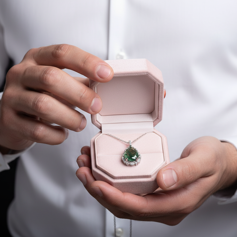 Pear-cut Natural Green Moss Agate Necklace-Black Diamonds New York