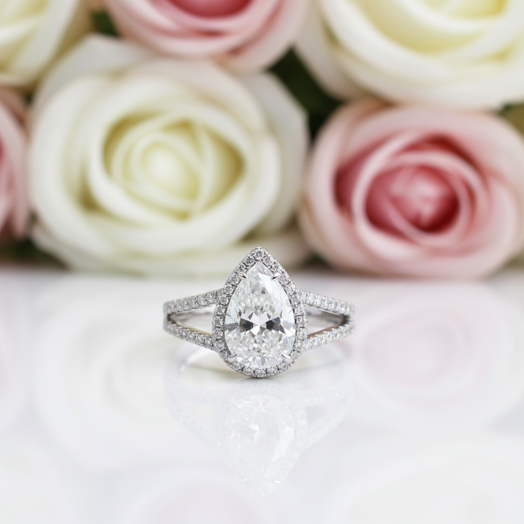 Pear Cut Diamonds Halo Engagement Ring-Black Diamonds New York