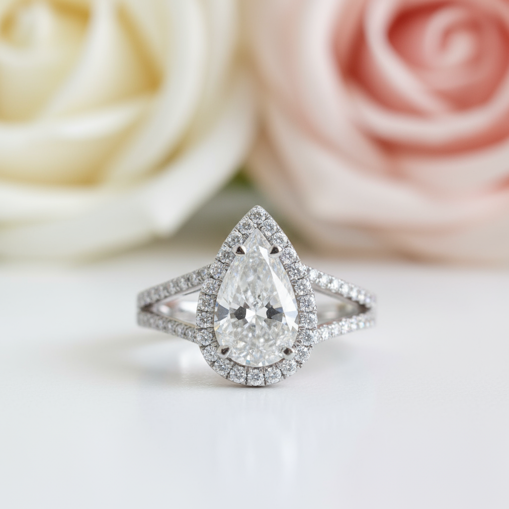 Pear Cut Diamonds Halo Engagement Ring-Black Diamonds New York