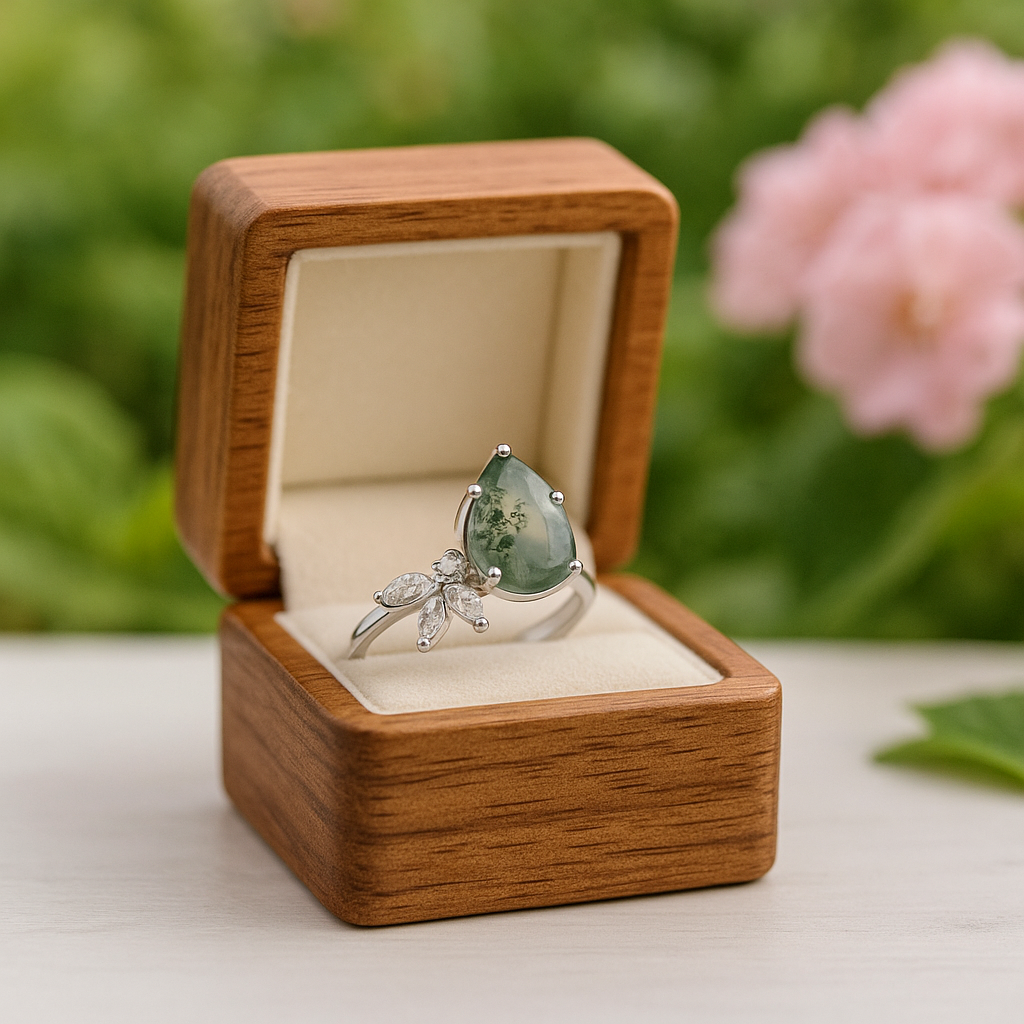 Classic Pear-cut Moss Agate Cluster Ring with Marquise-cut Side Stones-Black Diamonds New York