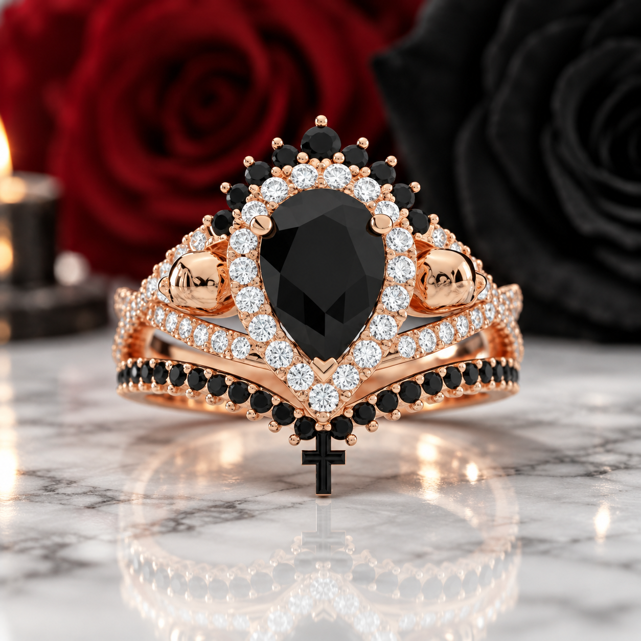 Loyalty Ring- 1ct Pear Cut Black Diamond Option Skull Ring Set-Black Diamonds New York