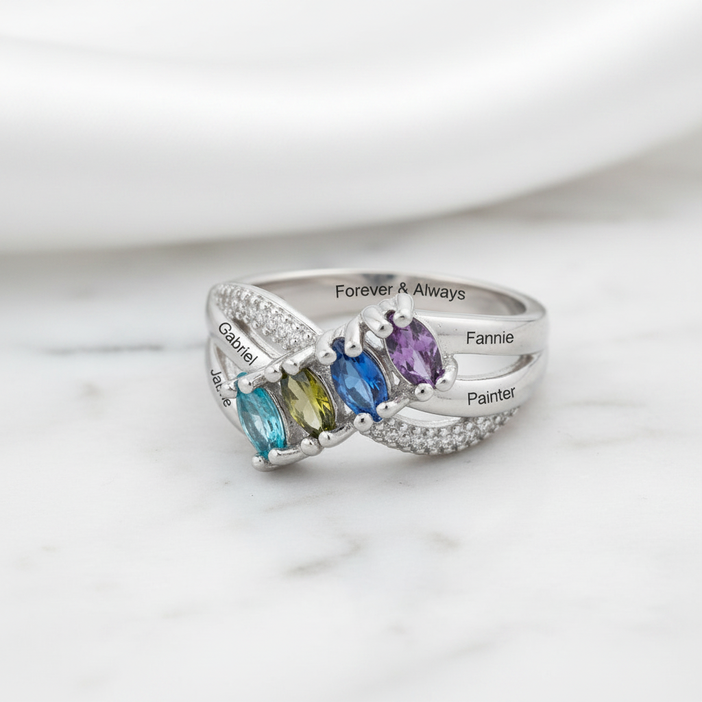 Personalized Family Name Engraved Rings with 4 Birthstones-Black Diamonds New York