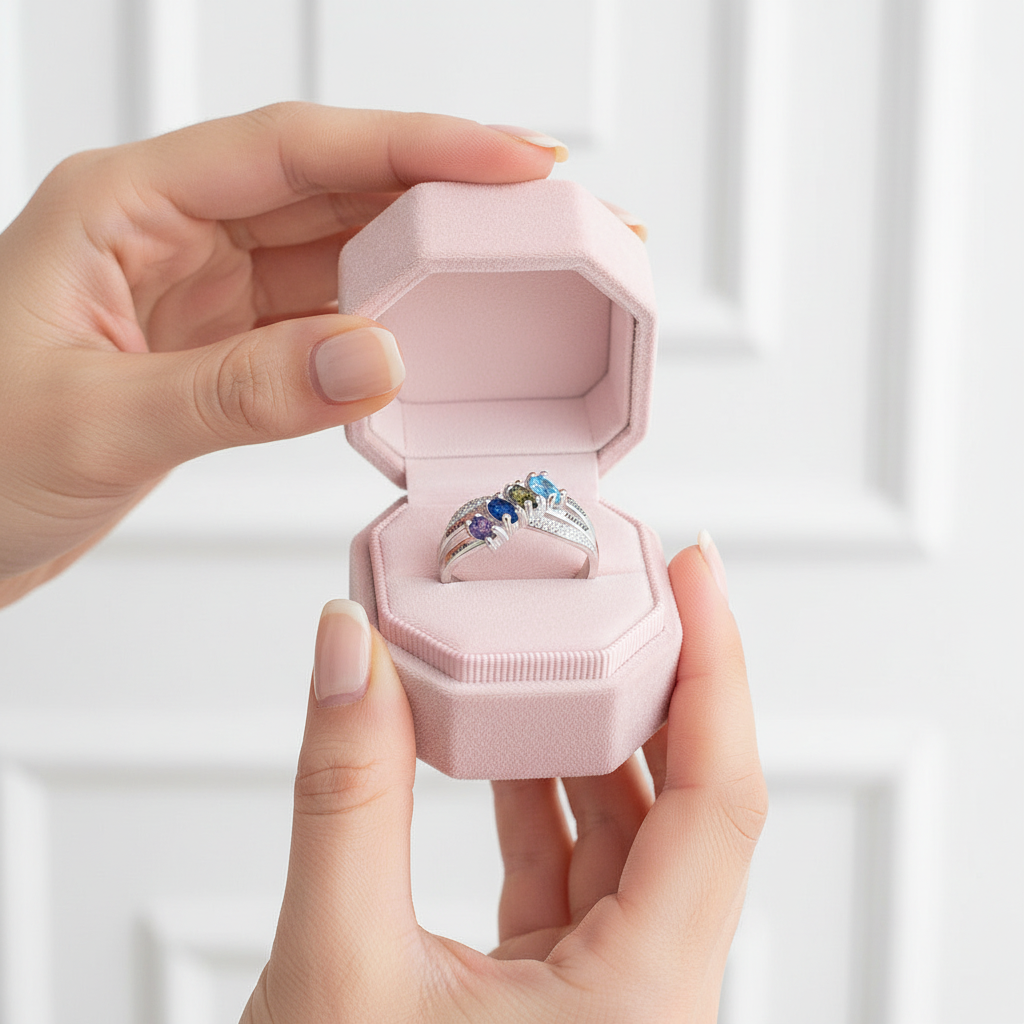 Personalized Family Name Engraved Rings with 4 Birthstones-Black Diamonds New York