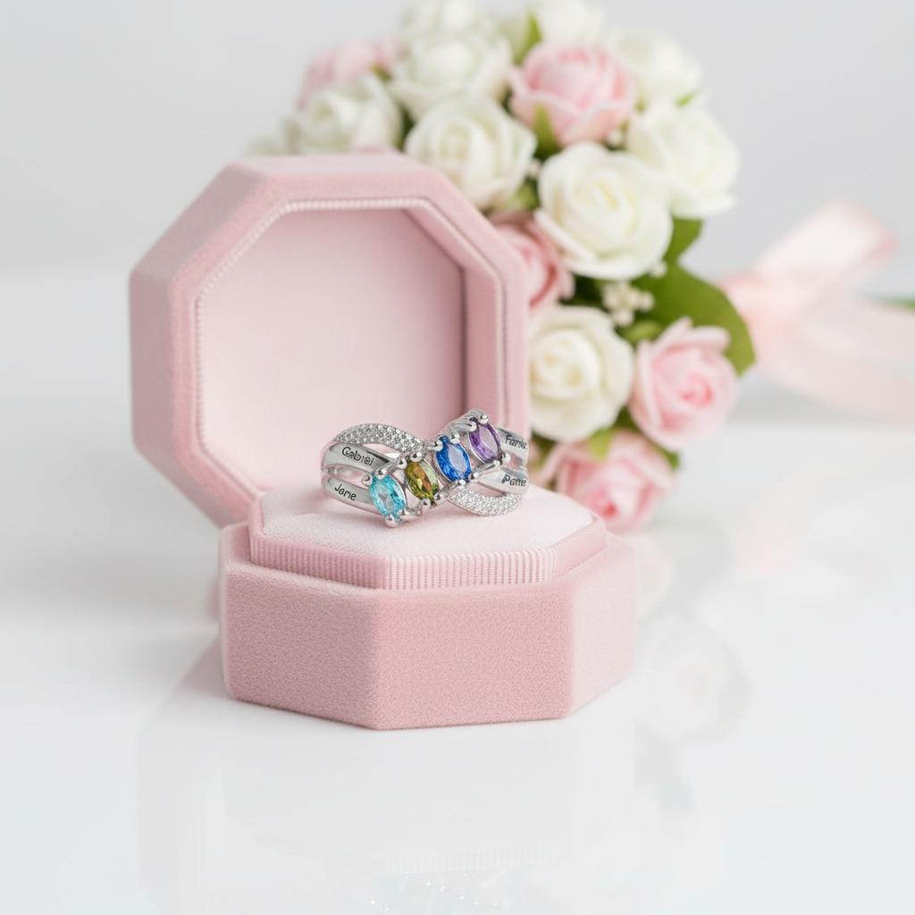 Personalized Family Name Engraved Rings with 4 Birthstones-Black Diamonds New York