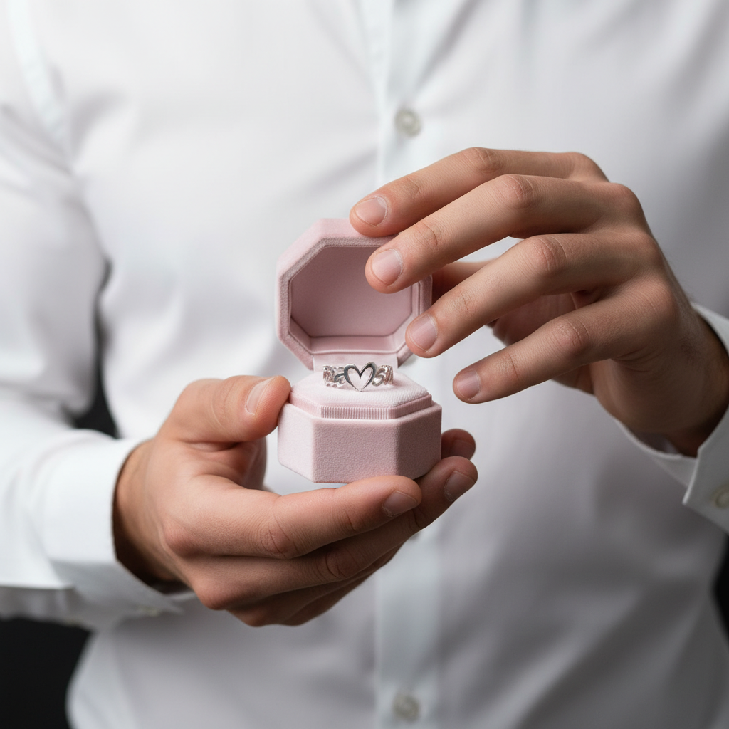 Person holding a pink jewelry box with a ring inside, wearing a white shirt.