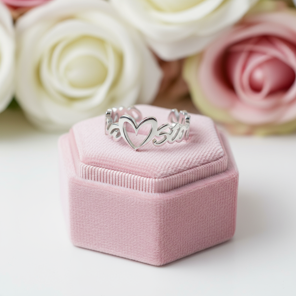 Personalized Name Ring With Heart-Black Diamonds New York