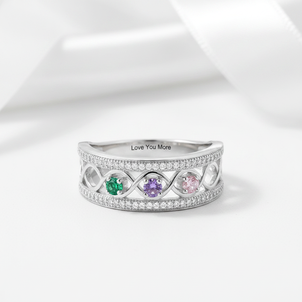 Personalized Promise Ring with 3 Birthstones Custom Name Infinity Love-Black Diamonds New York