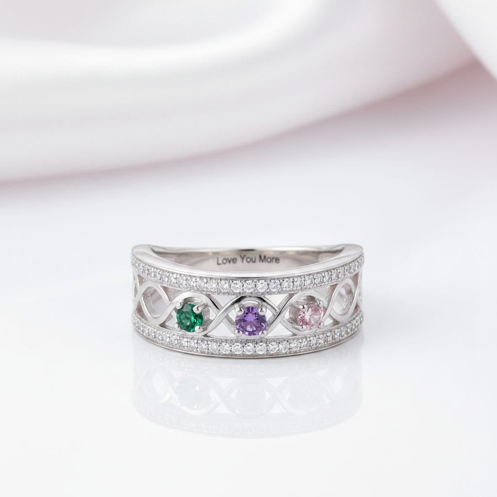 Personalized Promise Ring with 3 Birthstones Custom Name Infinity Love-Black Diamonds New York