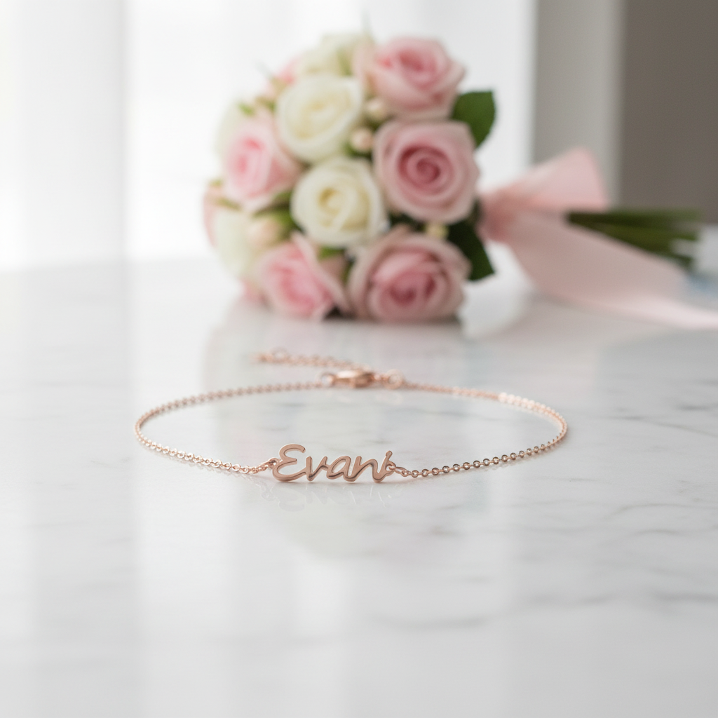 Rose gold bracelet with 'Evan' engraving on a light pink fabric background