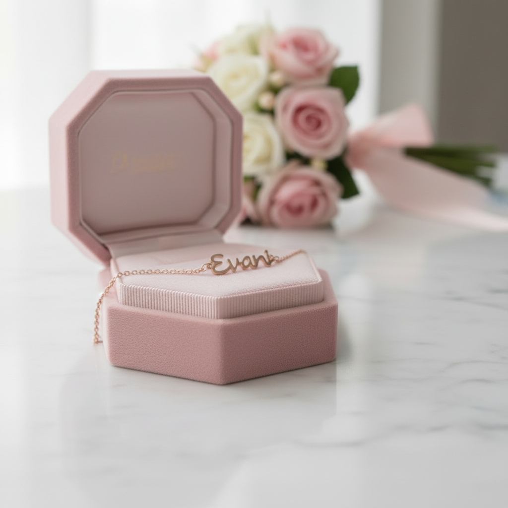 Pink jewelry box with 'Evan' engraving on a white surface with blurred flowers in the background