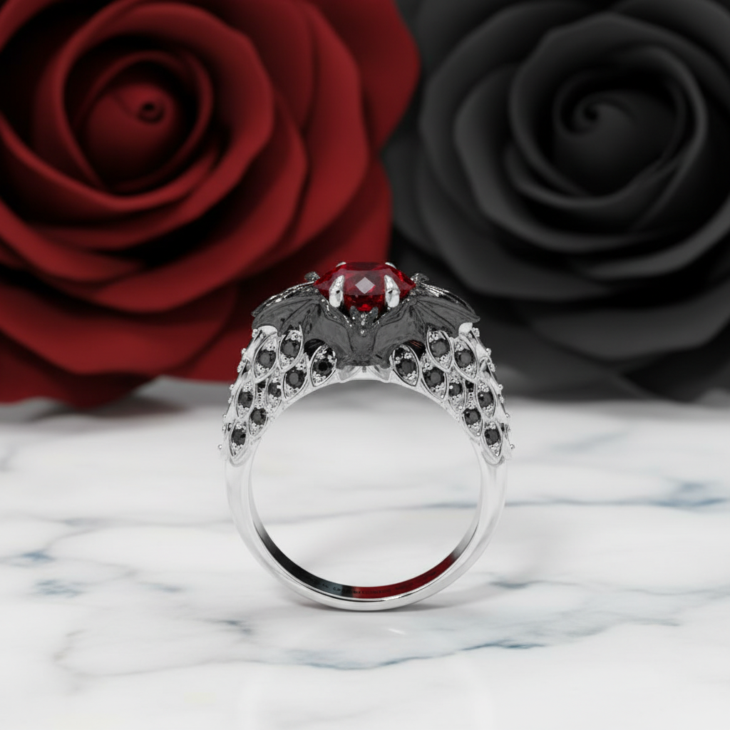 Bat's Kiss Promise Ring- 1.5 Ct Round and Coffin Cut Diamond Option Gothic Ring-Black Diamonds New York