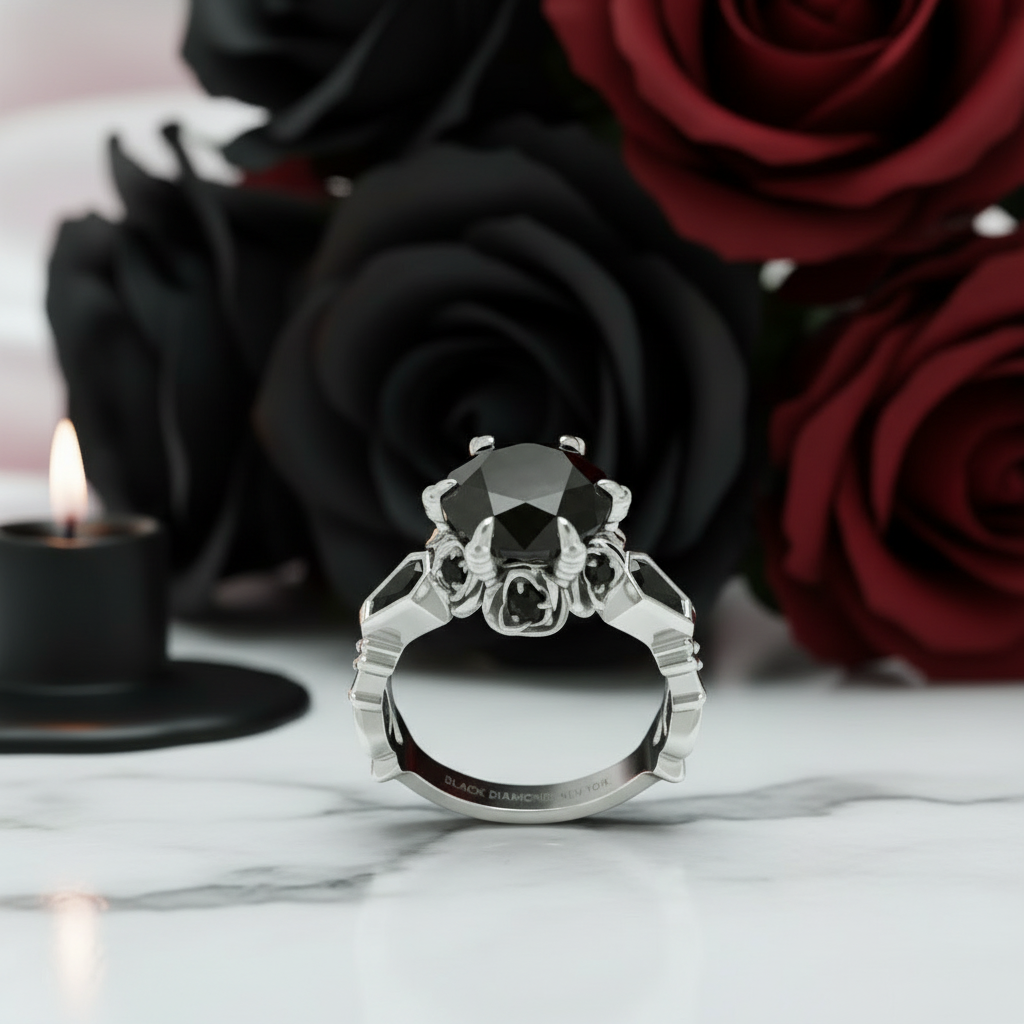 Through Eternity Ring- 3 ct Round Cut Diamond with Spider Legs Gothic Wedding Ring-Black Diamonds New York