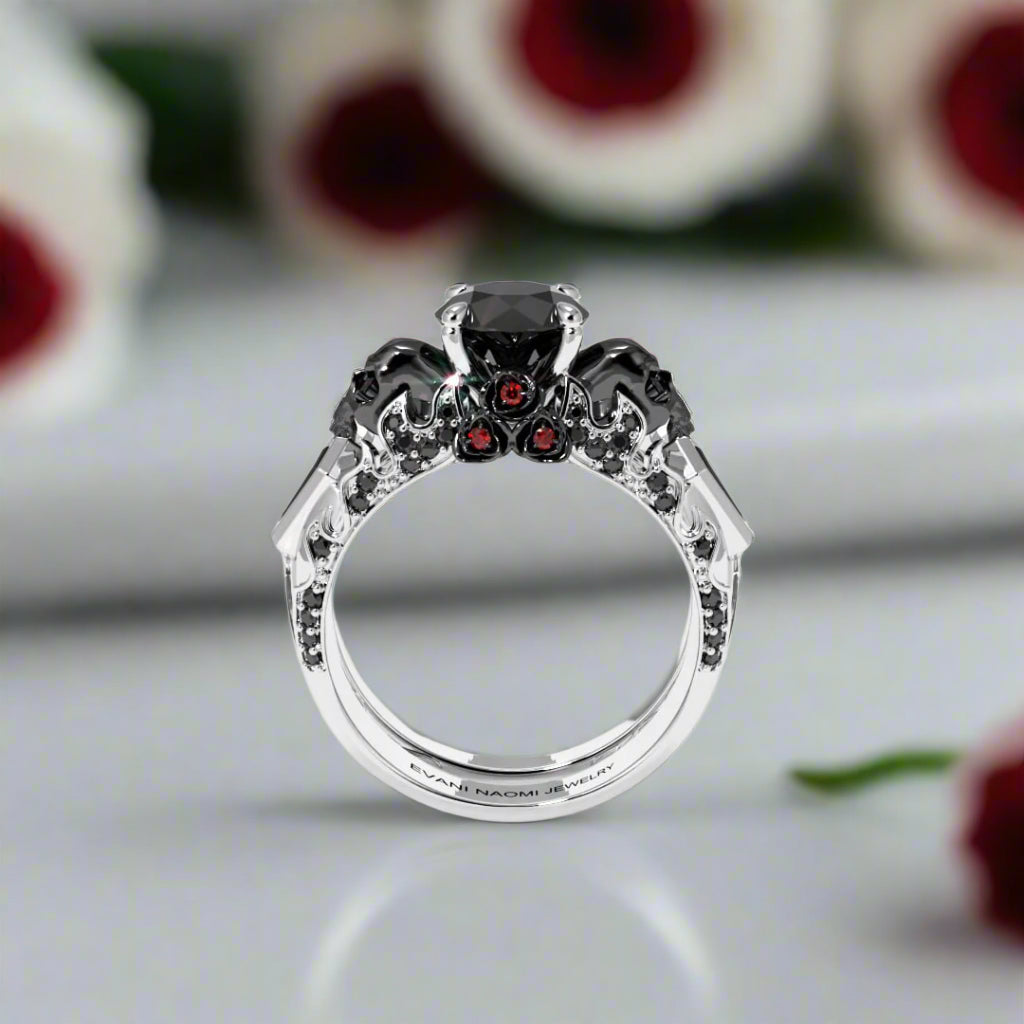 Eternal Flame- Round Cut Diamond Coffin Wedding Ring Set-Black Diamonds New York