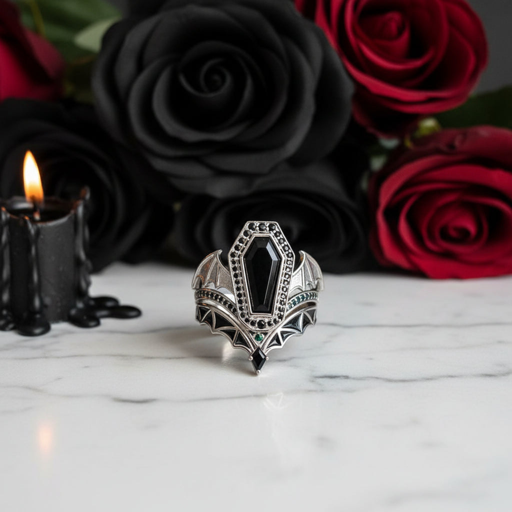 Wings Of Eternity- Coffin Cut Diamond Option Bat Wings Wedding Rings-Black Diamonds New York