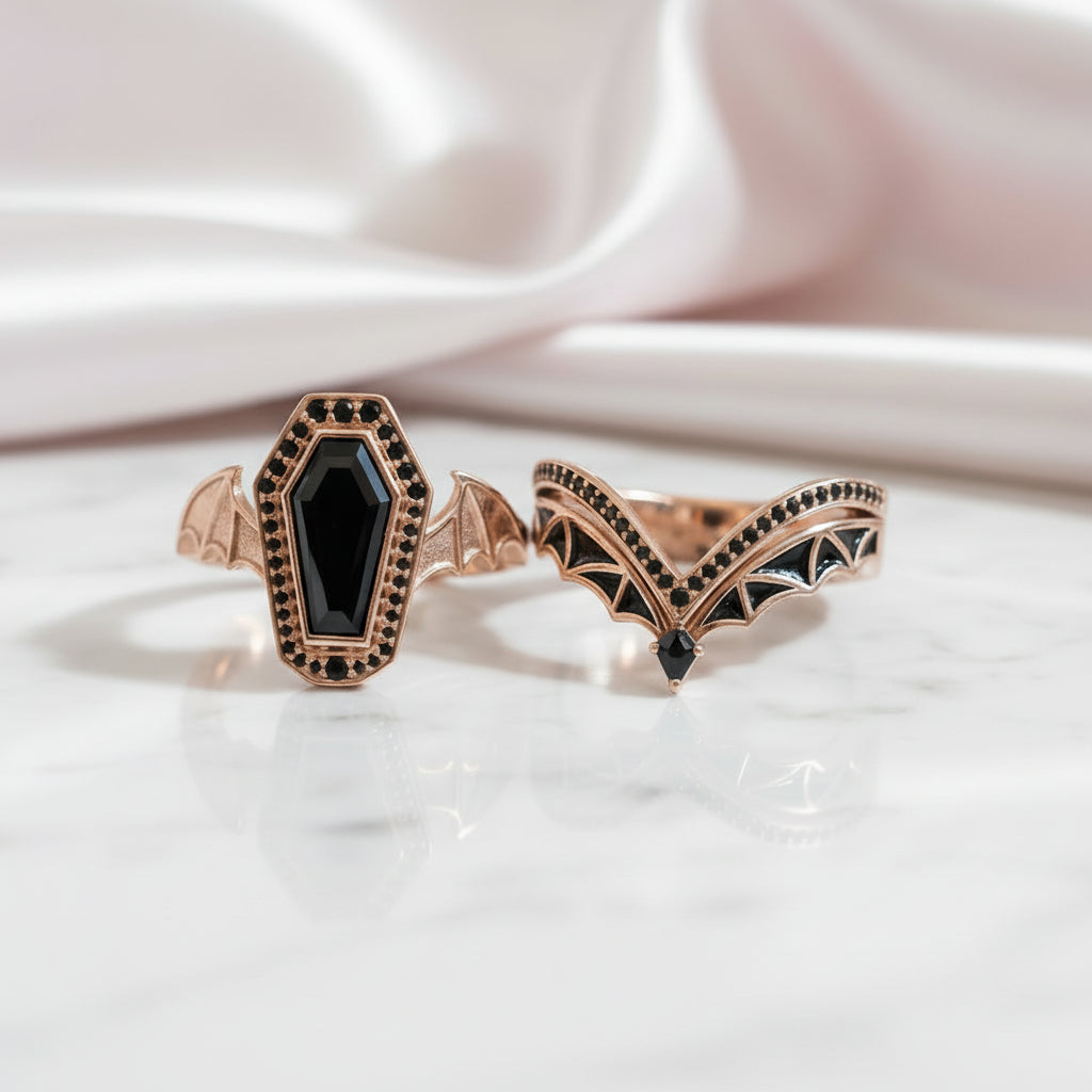 Wings Of Eternity- Coffin Cut Diamond Option Bat Wings Wedding Rings-Black Diamonds New York