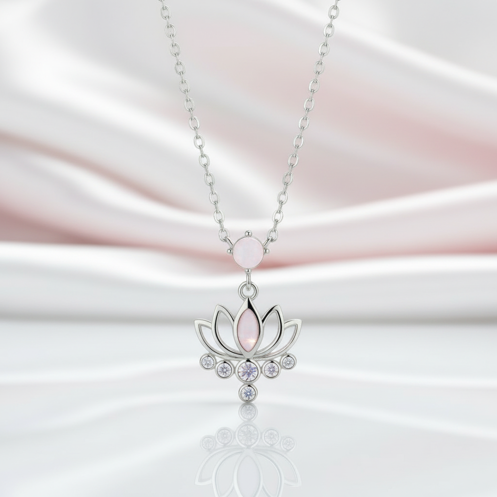 Pink Opal Lotus Flower Pendant Necklace-Black Diamonds New York