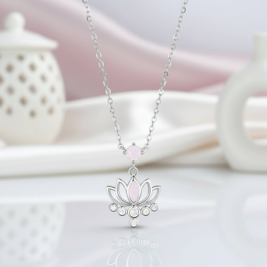 Pink Opal Lotus Flower Pendant Necklace-Black Diamonds New York