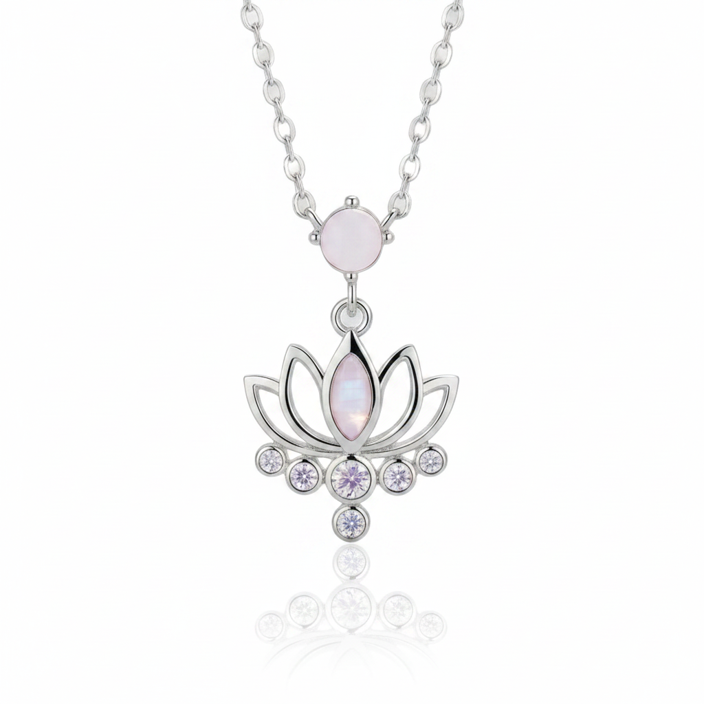 Pink Opal Lotus Flower Pendant Necklace-Black Diamonds New York