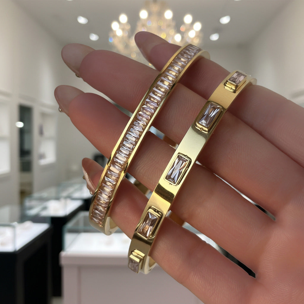 Pink Emerald Cut Diamond Option Inlaid Bangle-Black Diamonds New York