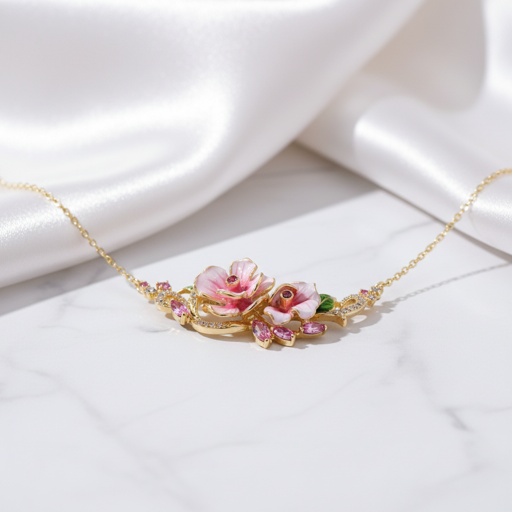 Pink Enamel Flower Necklace-Black Diamonds New York