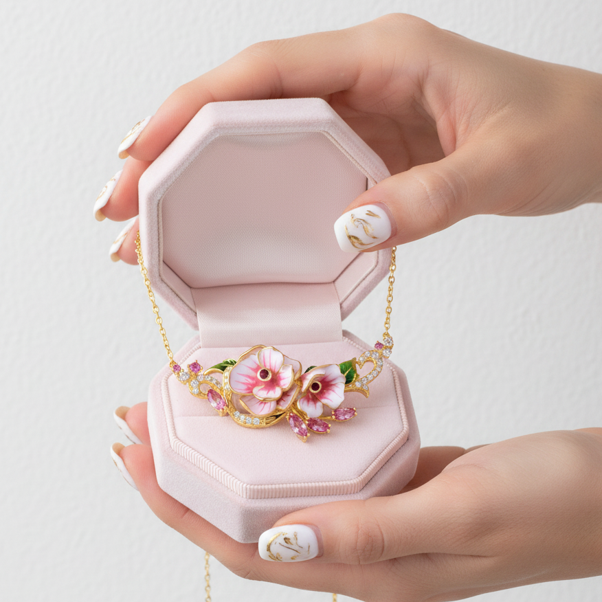Pink Enamel Flower Necklace-Black Diamonds New York