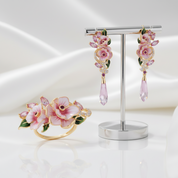Pink Enamel Flower with Diamond Option Jewelry Set-Black Diamonds New York