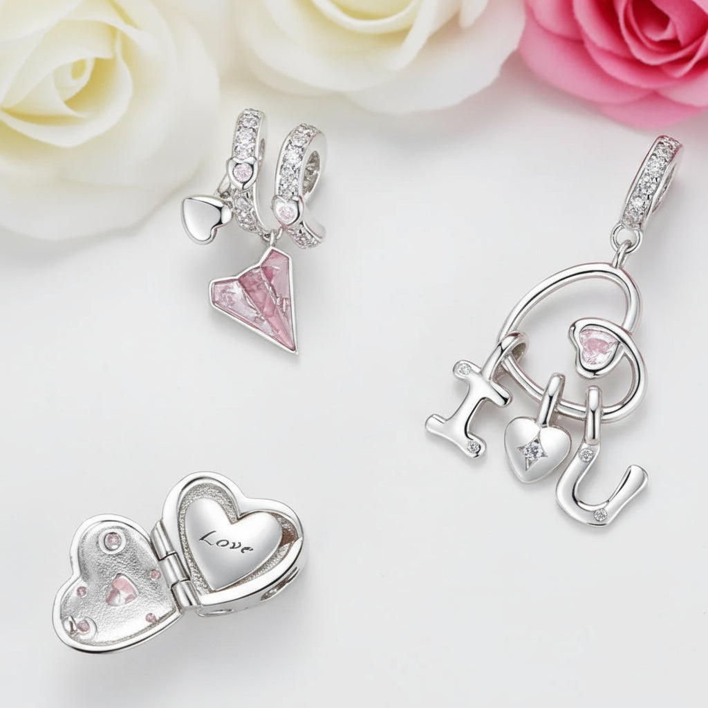 Pink Heart Charms & Pendant-Black Diamonds New York