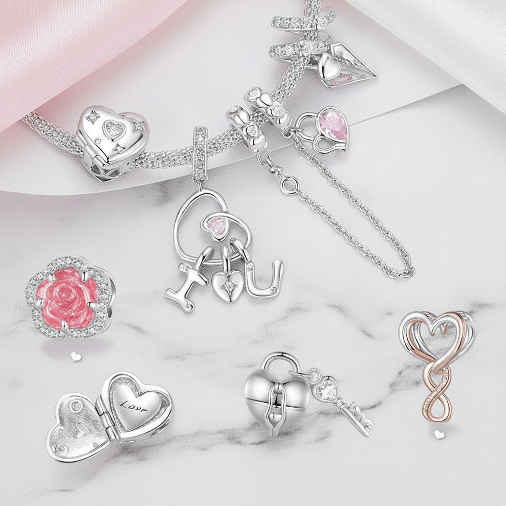 Pink Heart Charms & Pendant-Black Diamonds New York