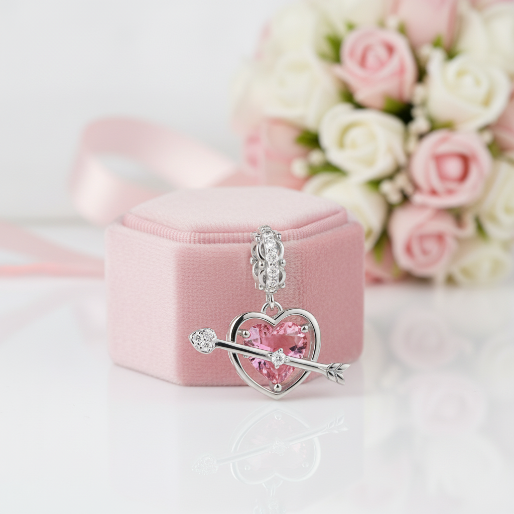 Pink Heart & Cupid's Arrow Charm-Black Diamonds New York