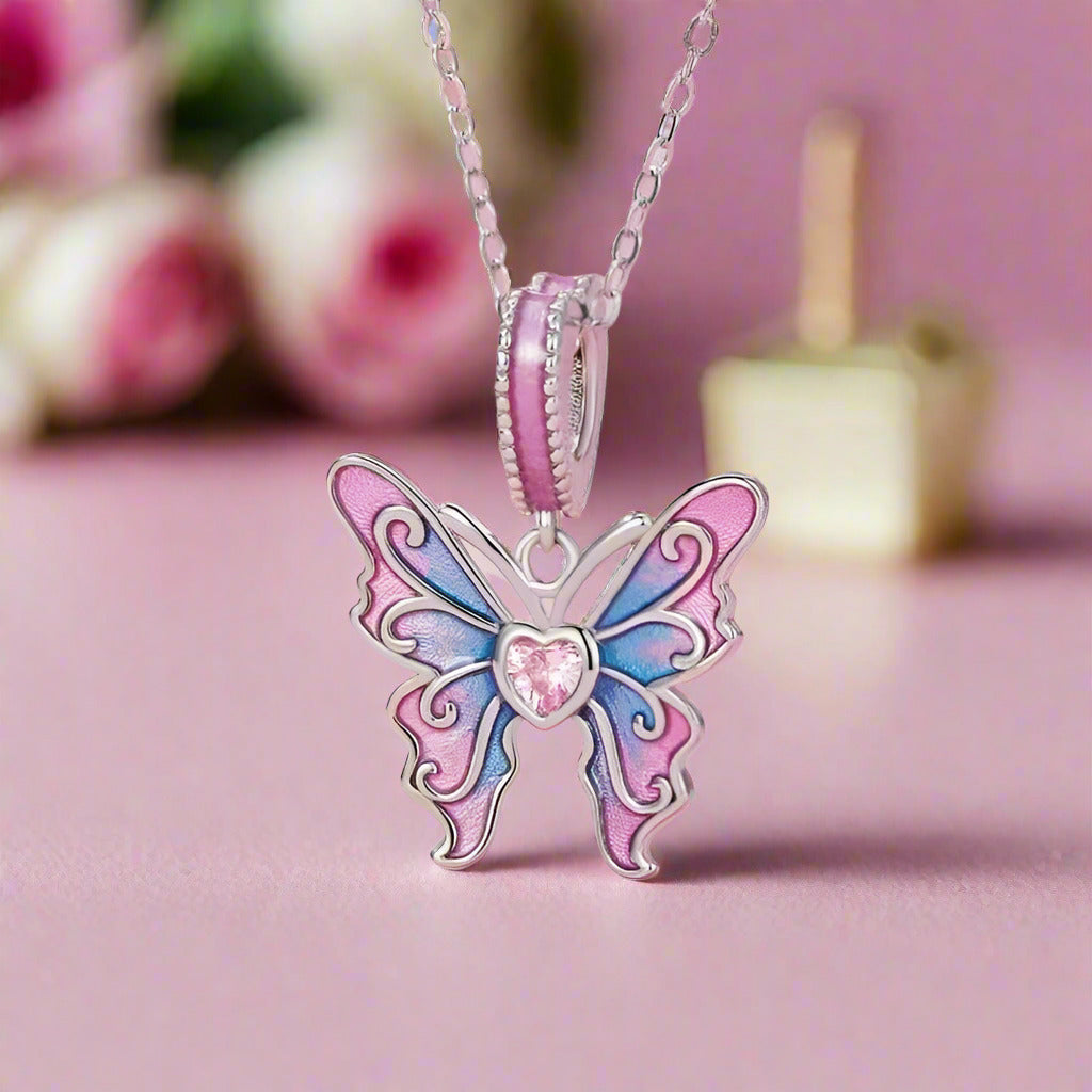 Pink Heart Cut Diamond Butterfly Pendant Necklace-Black Diamonds New York