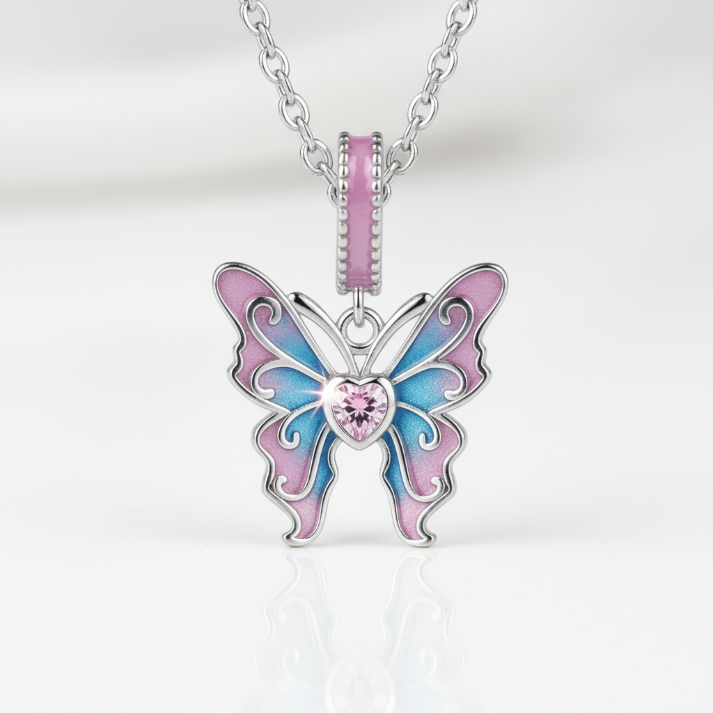 Pink Heart Cut Diamond Option Butterfly Pendant Necklace-Black Diamonds New York