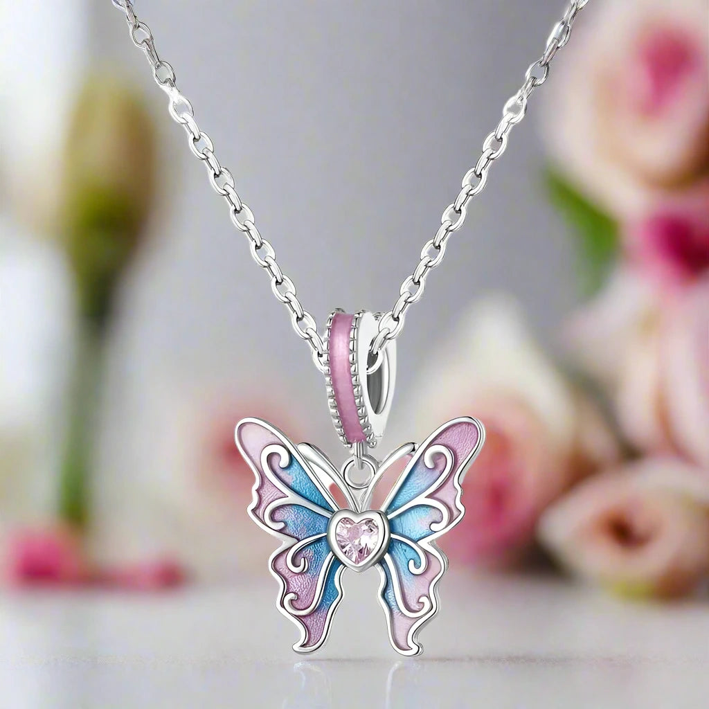 Pink Heart Cut Diamond Butterfly Pendant Necklace-Black Diamonds New York