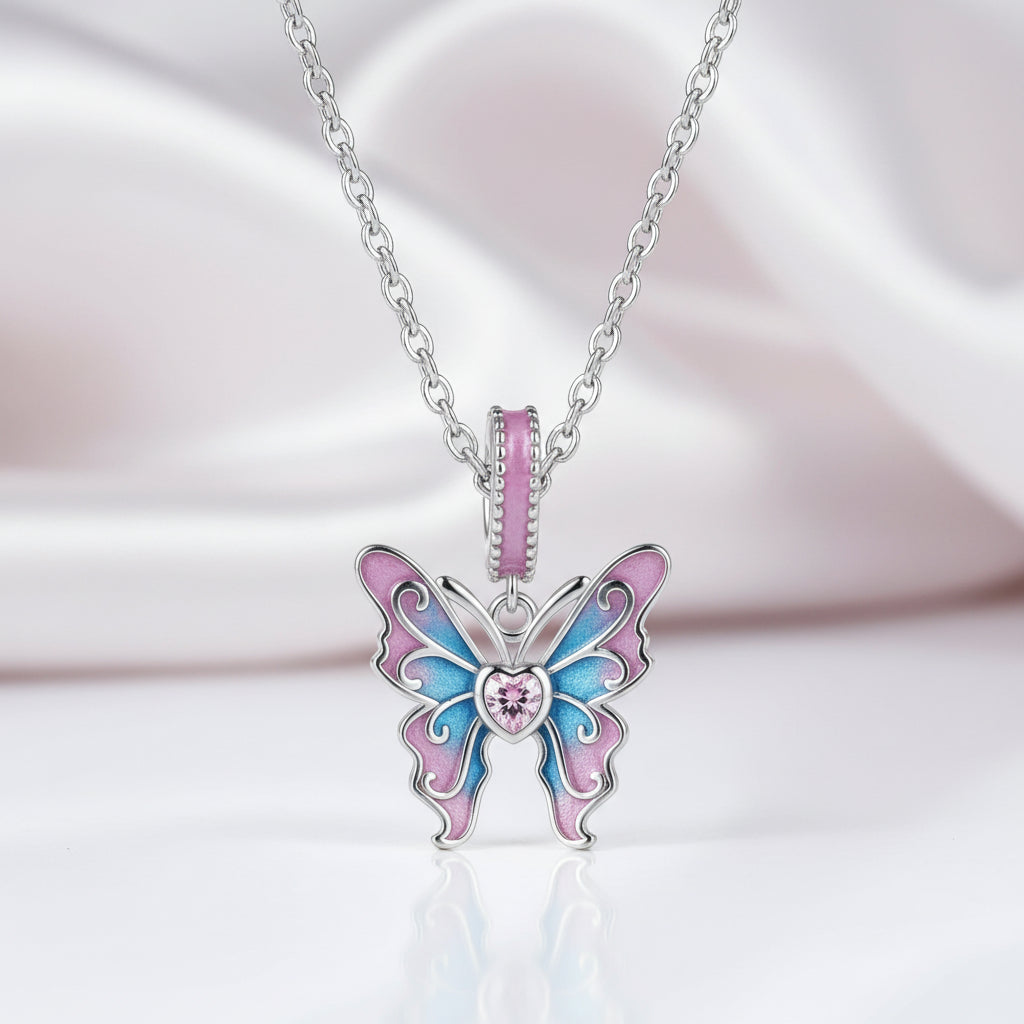 Pink Heart Cut Diamond Option Butterfly Pendant Necklace-Black Diamonds New York