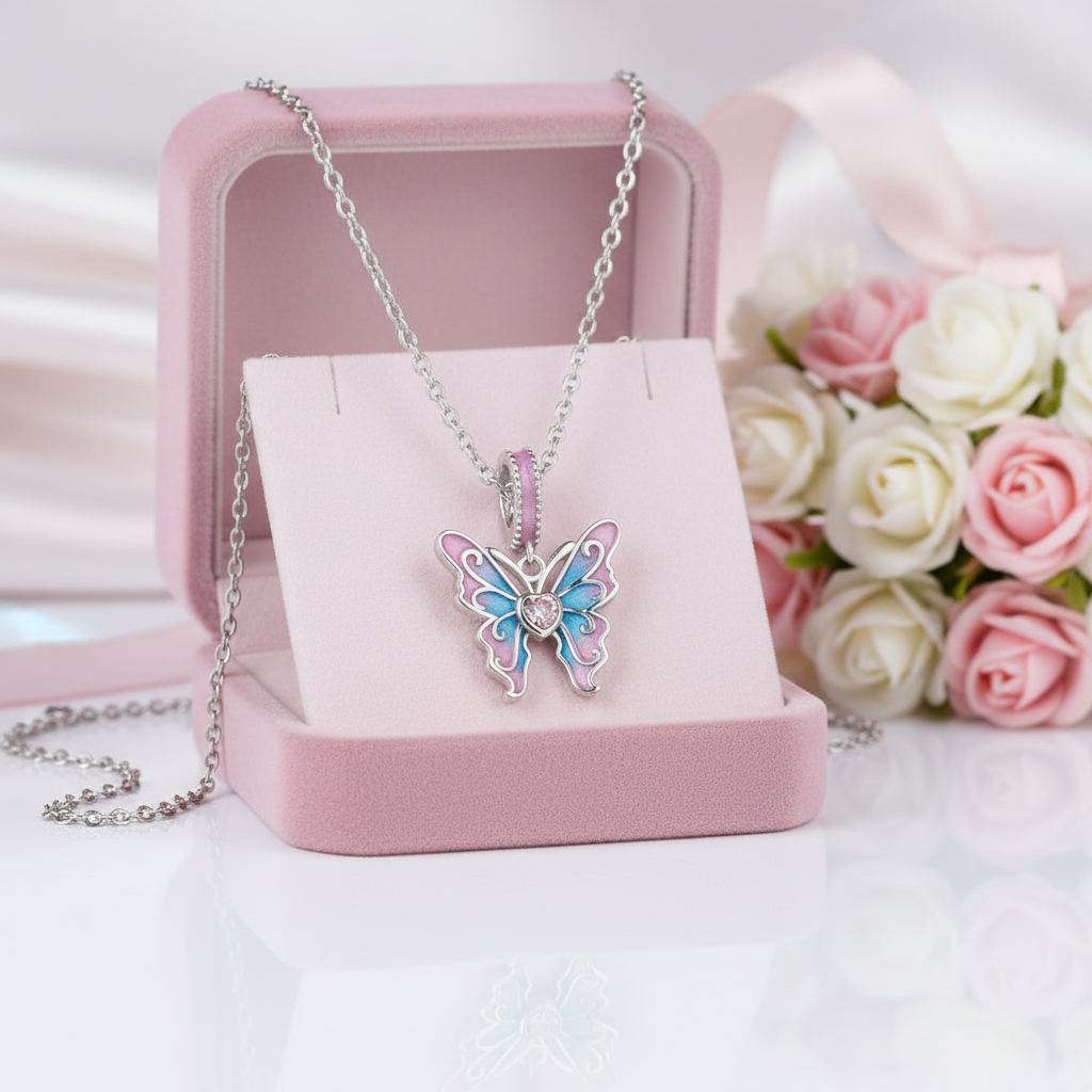 Pink Heart Cut Diamond Option Butterfly Pendant Necklace-Black Diamonds New York