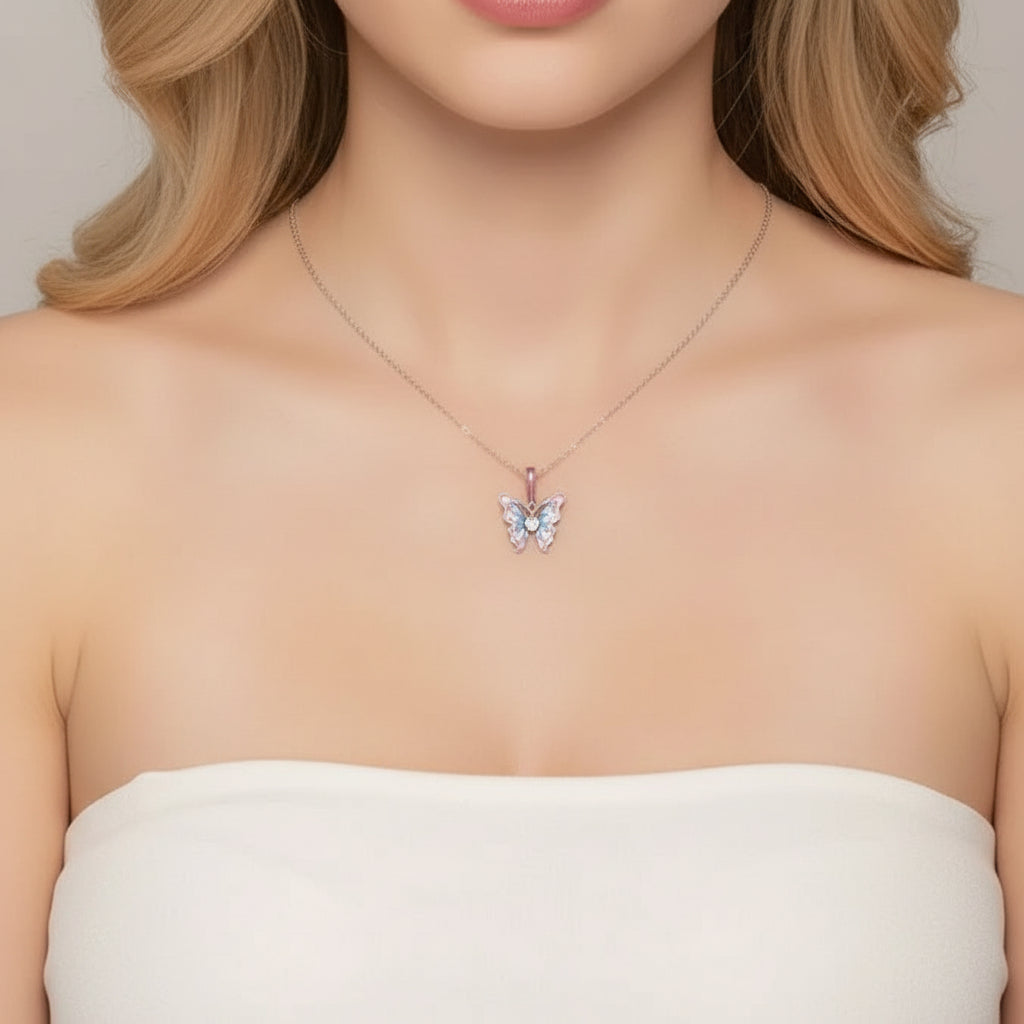 Pink Heart Cut Diamond Option Butterfly Pendant Necklace-Black Diamonds New York
