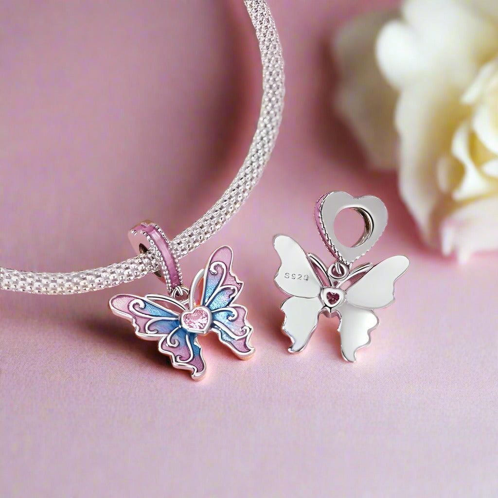 Pink Heart Cut Diamond Butterfly Pendant Necklace-Black Diamonds New York