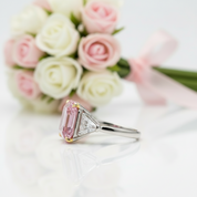 Pink Sapphire Asscher Cut and Trillion Cut Three Stone Engagement-Black Diamonds New York