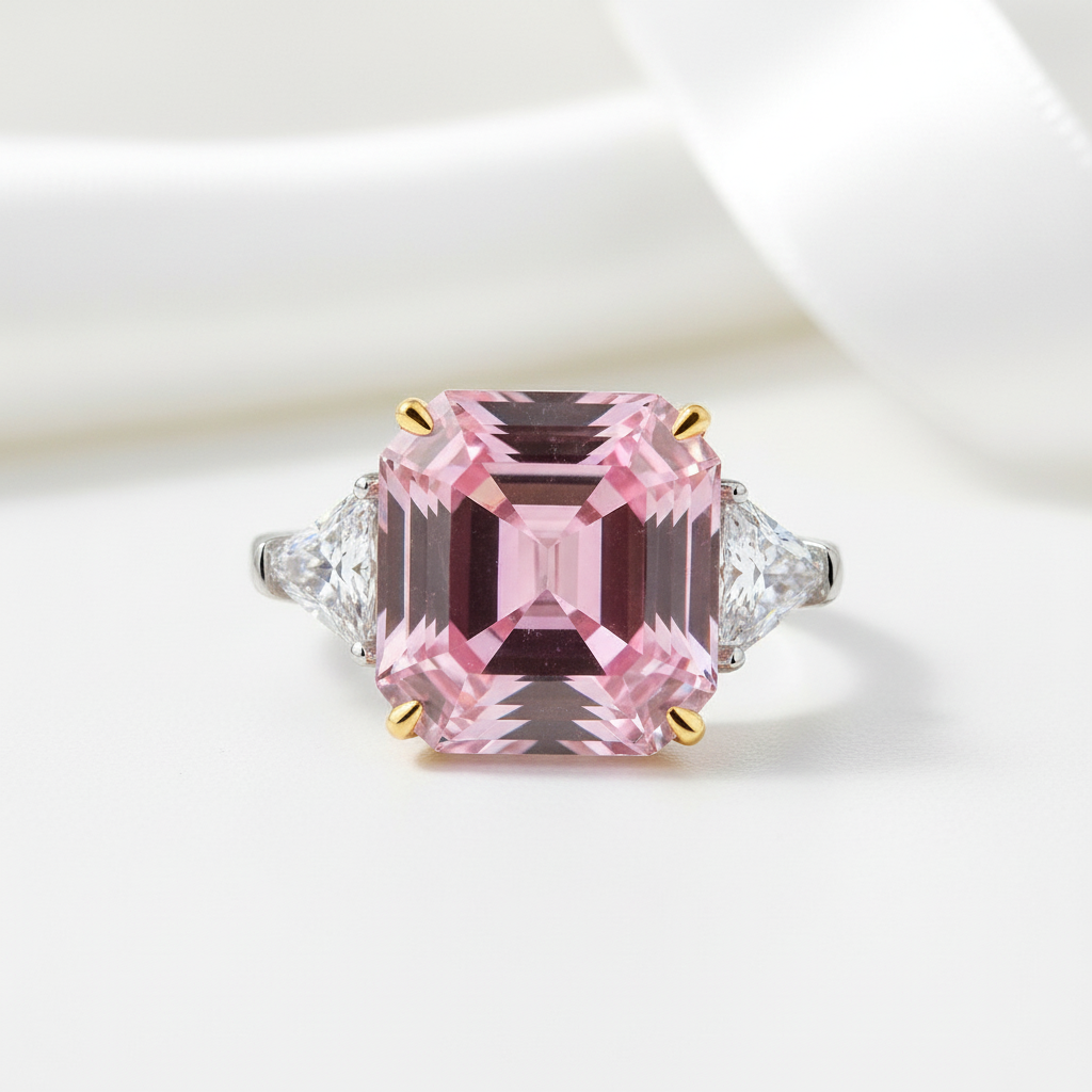 Pink Sapphire Asscher Cut and Trillion Cut Three Stone Engagement-Black Diamonds New York